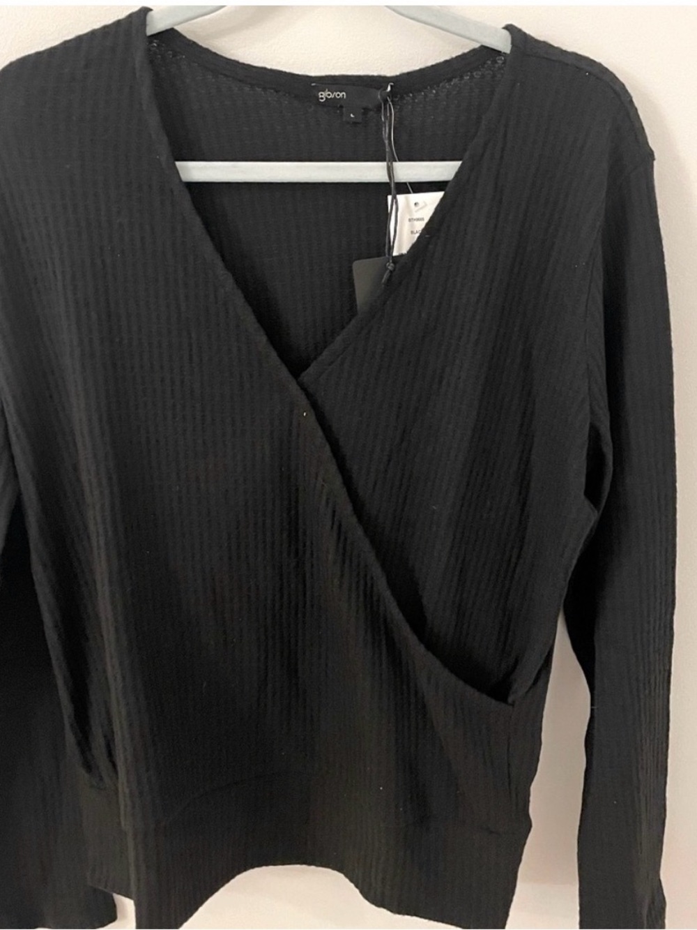 Gibson Ribbed Wrap Sweater L Black Lightweight Cozy Chic Minimalist Top NWT